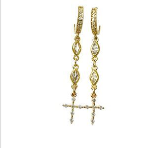 Huggie hoops Long drop dangle gold earrings with crystal cross charms for women